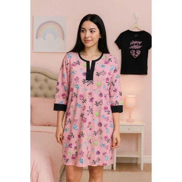 Betsey Johnson Intimates Sleep Dress Skull Strawberry Lace Up Pink M - Picture 1 of 5